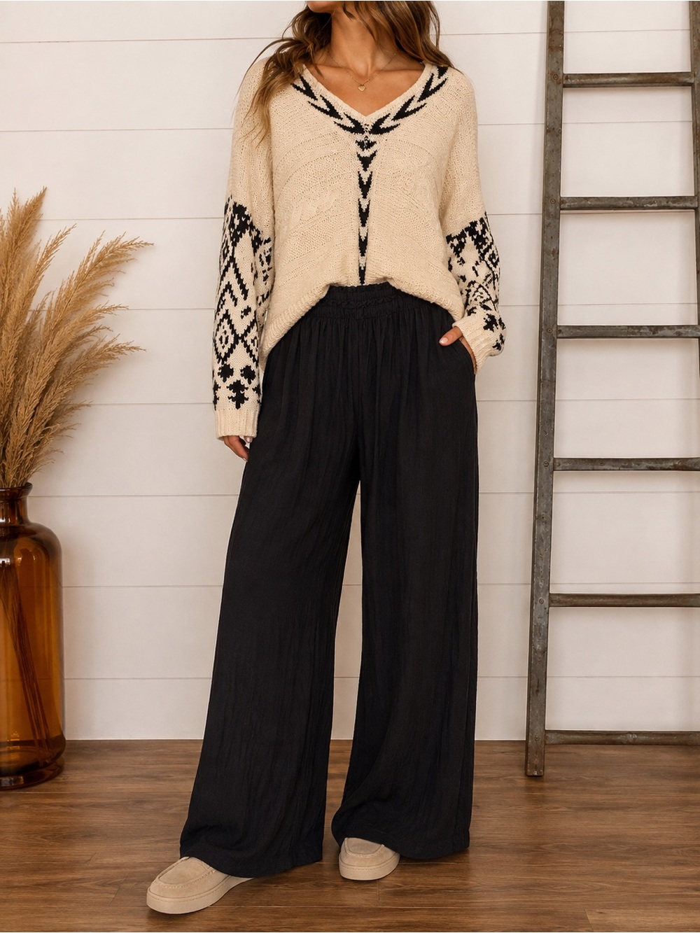 SET POL and Camille & Co Women’s Wide Leg Pants in Black and Cream Sweater
